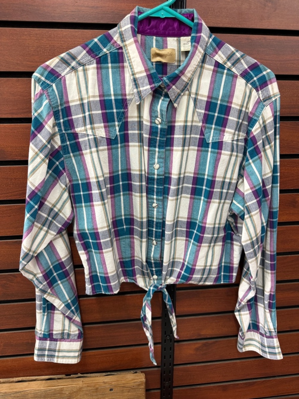 Vintage Wrangler Plaid Button-Up Shirt in Teal, Purple & Cream
